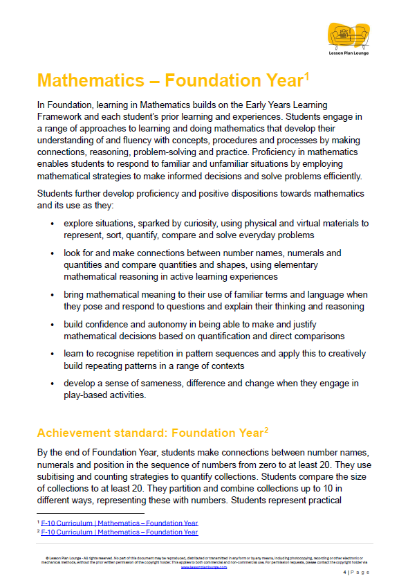 Lesson Plan Lounge - Lesson Plans Mathematics – Number, Algebra, Measurement, Space, Statistics - Foundation Year/ Prep Year/ Kindergarten