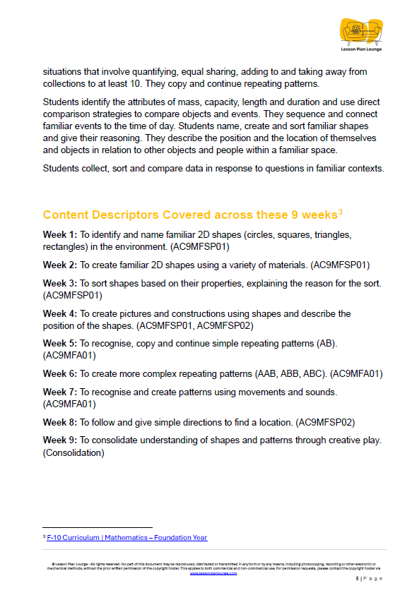 Lesson Plan Lounge - Lesson Plans Mathematics – Number, Algebra, Measurement, Space, Statistics - Foundation Year/ Prep Year/ Kindergarten