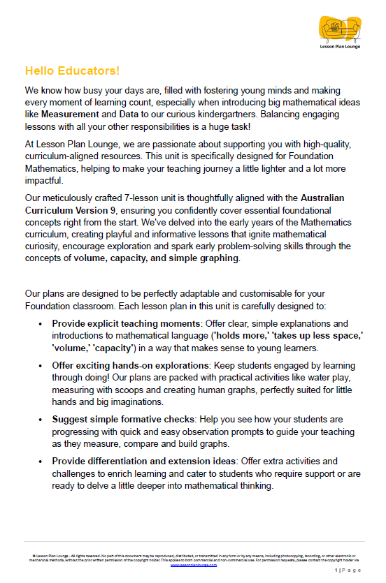 Lesson Plan Lounge - Lesson Plans Mathematics – Number, Algebra, Measurement, Space, Statistics - Foundation Year/ Prep Year/ Kindergarten