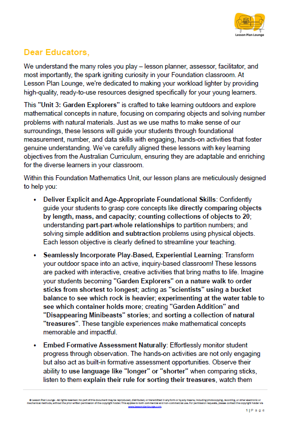 Lesson Plan Lounge - Lesson Plans Mathematics – Number, Algebra, Measurement, Space, Statistics - Foundation Year/ Prep Year/ Kindergarten