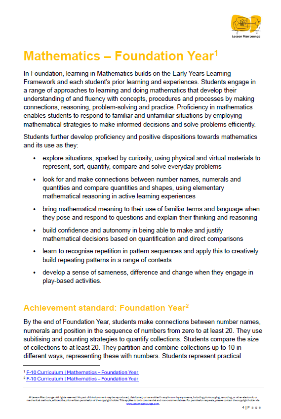 Lesson Plan Lounge - Lesson Plans Mathematics – Number, Algebra, Measurement, Space, Statistics - Foundation Year/ Prep Year/ Kindergarten