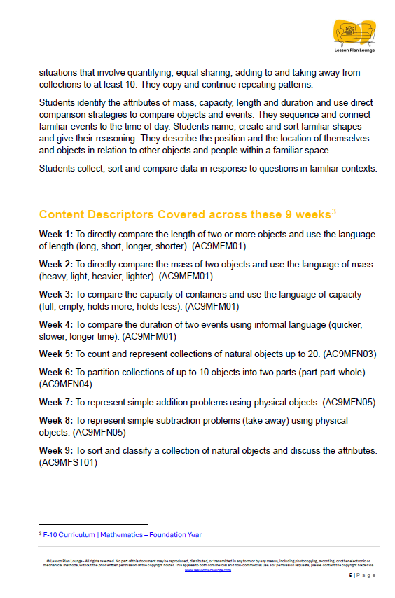 Lesson Plan Lounge - Lesson Plans Mathematics – Number, Algebra, Measurement, Space, Statistics - Foundation Year/ Prep Year/ Kindergarten