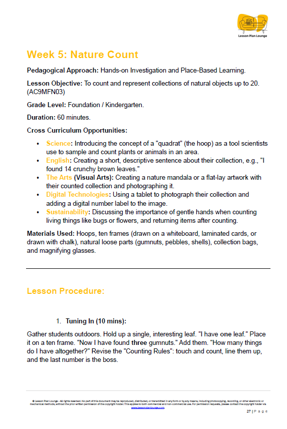 Lesson Plan Lounge - Lesson Plans Mathematics – Number, Algebra, Measurement, Space, Statistics - Foundation Year/ Prep Year/ Kindergarten