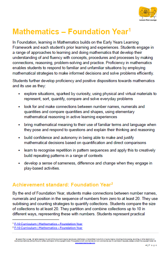 Lesson Plan Lounge - Lesson Plans Mathematics – Number, Algebra, Measurement, Space, Statistics - Foundation Year/ Prep Year/ Kindergarten
