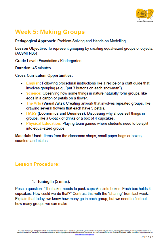 Lesson Plan Lounge - Lesson Plans Mathematics – Number, Algebra, Measurement, Space, Statistics - Foundation Year/ Prep Year/ Kindergarten