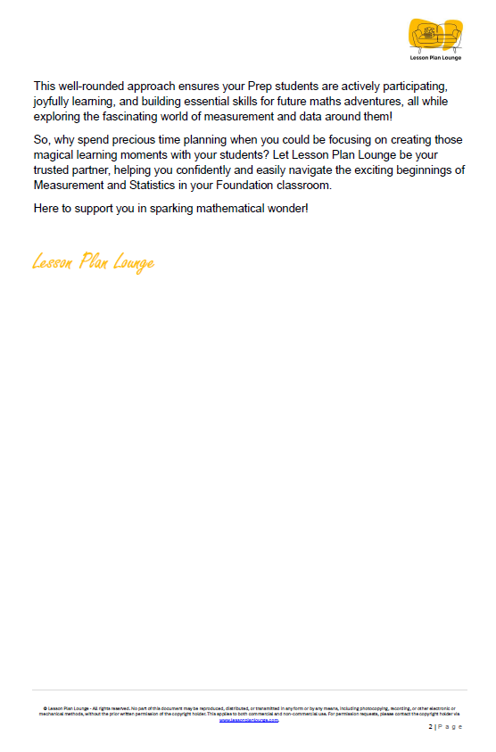 Lesson Plan Lounge - Lesson Plans Mathematics – Number, Algebra, Measurement, Space, Statistics - Foundation Year/ Prep Year/ Kindergarten