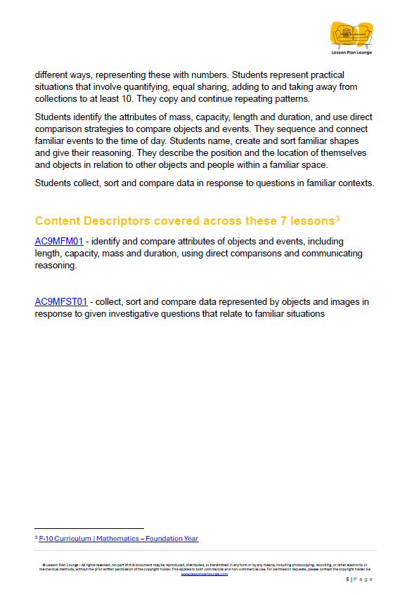 Lesson Plan Lounge - Lesson Plans Mathematics – Number, Algebra, Measurement, Space, Statistics - Foundation Year/ Prep Year/ Kindergarten