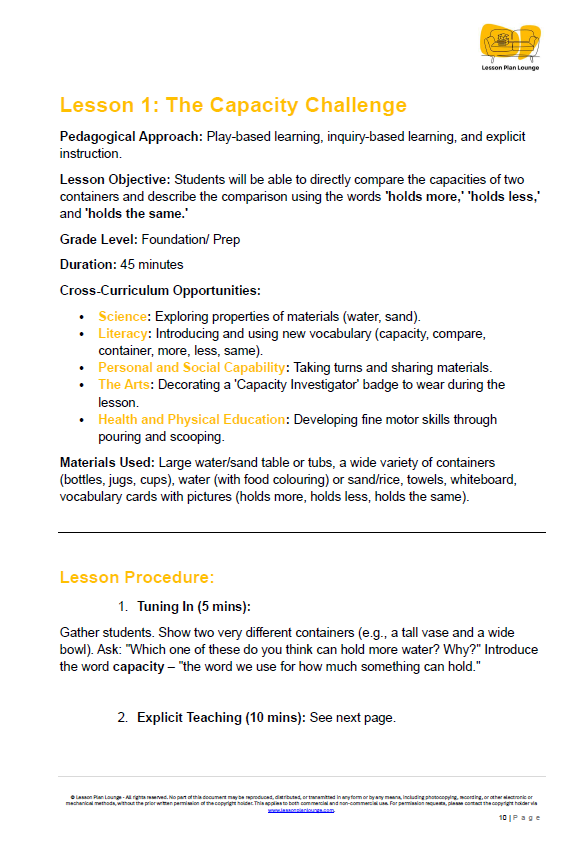 Lesson Plan Lounge - Lesson Plans Mathematics – Number, Algebra, Measurement, Space, Statistics - Foundation Year/ Prep Year/ Kindergarten