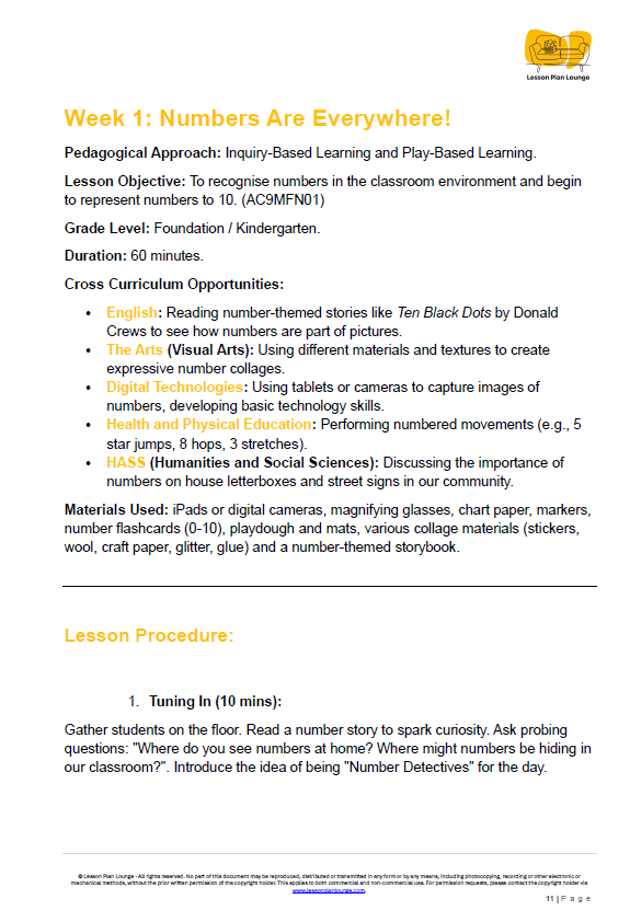 Lesson Plan Lounge - Lesson Plans Mathematics – Number, Algebra, Measurement, Space, Statistics - Foundation Year/ Prep Year/ Kindergarten