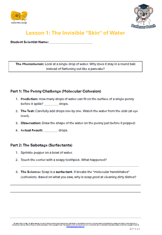 Lesson Plan Lounge - Lesson Plans Physics and Chemistry – Physics and Chemistry Science Lessons – Year/ Grade 3-6Lesson Plan Lounge - Lesson Plans Physics and Chemistry – Surface Tension How Bugs Walk on Water – Year/ Grade 3-6