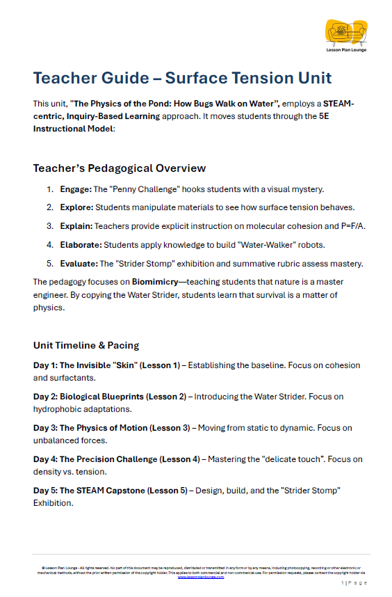 Lesson Plan Lounge - Lesson Plans Physics and Chemistry – Physics and Chemistry Science Lessons – Year/ Grade 3-6Lesson Plan Lounge - Lesson Plans Physics and Chemistry – Surface Tension How Bugs Walk on Water – Year/ Grade 3-6