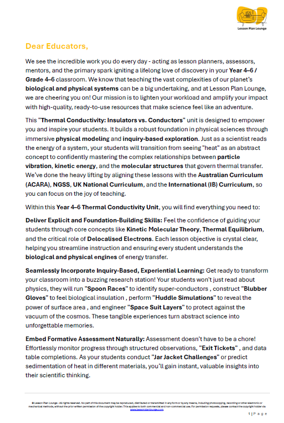 Lesson Plan Lounge - Lesson Plans Physics and Chemistry – Thermal Conductivity Insulators vs Conductors – Year/ Grade 3-6