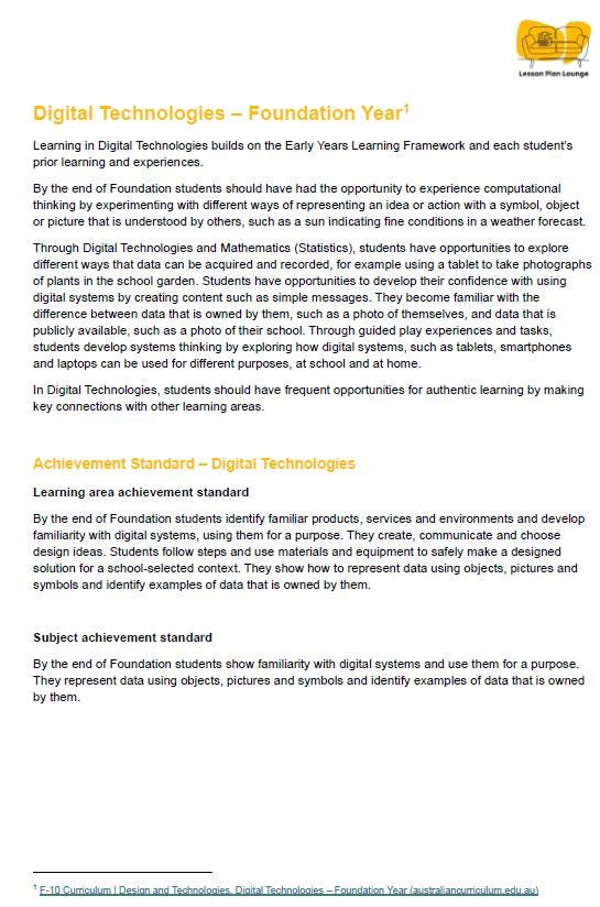 Lesson Plan Lounge - Lesson Plans Technologies Curriculum – Digital Technologies and Design Technologies– Foundation Year/ Kindergarten/ Prep Year