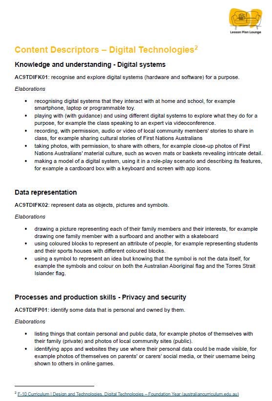 Lesson Plan Lounge - Lesson Plans Technologies Curriculum – Digital Technologies and Design Technologies– Foundation Year/ Kindergarten/ Prep Year