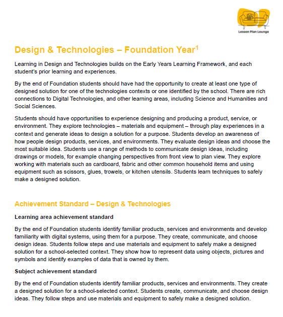 Lesson Plan Lounge - Lesson Plans Technologies Curriculum – Digital Technologies and Design Technologies– Foundation Year/ Kindergarten/ Prep Year
