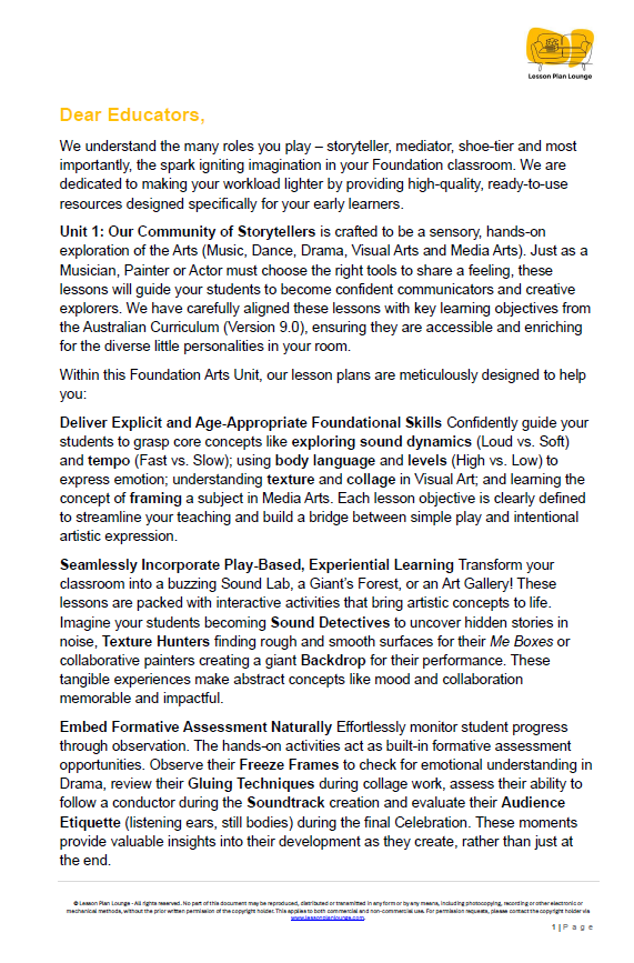 Lesson Plan Lounge - Lesson Plans The Arts Curriculum – Music, Drama, Visual Arts, Dance and Media Arts – Foundation Year/ Kindergarten/ Prep Year