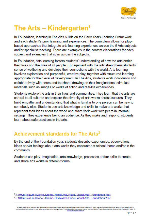 Lesson Plan Lounge - Lesson Plans The Arts Curriculum – Music, Drama, Visual Arts, Dance and Media Arts – Foundation Year/ Kindergarten/ Prep Year
