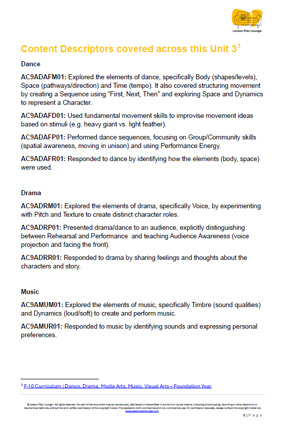 Lesson Plan Lounge - Lesson Plans The Arts Curriculum – Music, Drama, Visual Arts, Dance and Media Arts – Foundation Year/ Kindergarten/ Prep Year