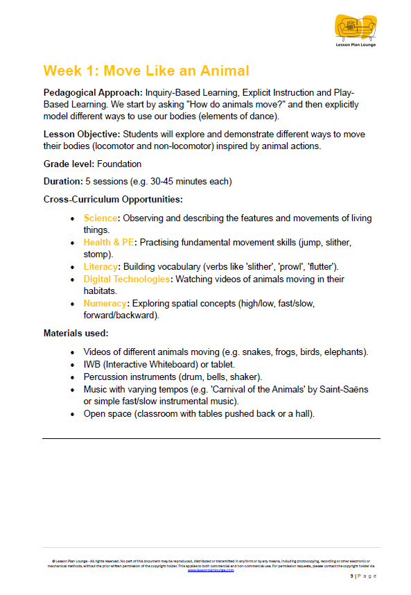 Lesson Plan Lounge - Lesson Plans The Arts Curriculum – Music, Drama, Visual Arts, Dance and Media Arts – Foundation Year/ Kindergarten/ Prep Year