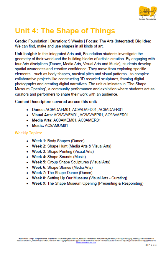 Lesson Plan Lounge - Lesson Plans The Arts Curriculum – Music, Drama, Visual Arts, Dance and Media Arts – Foundation Year/ Kindergarten/ Prep Year