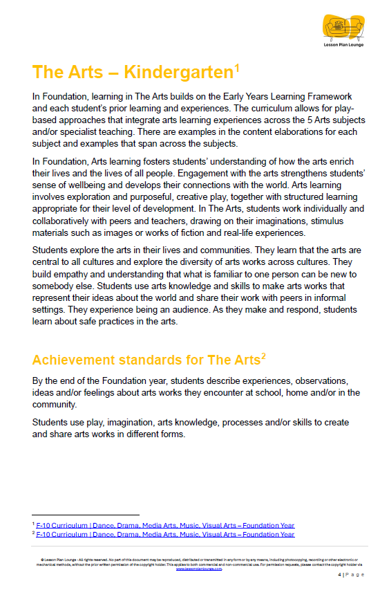 Lesson Plan Lounge - Lesson Plans The Arts Curriculum – Music, Drama, Visual Arts, Dance and Media Arts – Foundation Year/ Kindergarten/ Prep Year