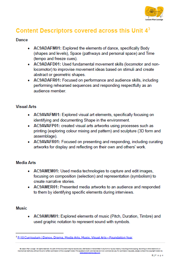 Lesson Plan Lounge - Lesson Plans The Arts Curriculum – Music, Drama, Visual Arts, Dance and Media Arts – Foundation Year/ Kindergarten/ Prep Year