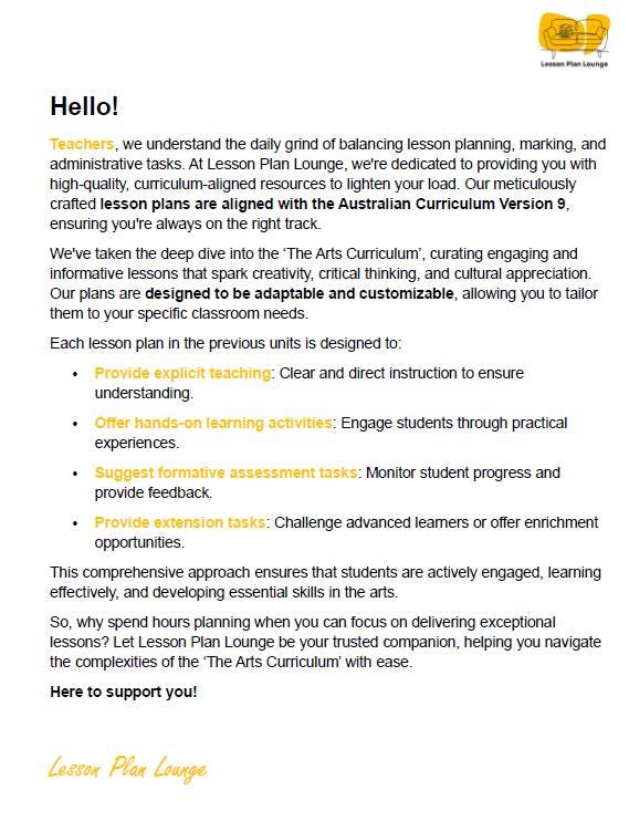 Lesson Plan Lounge - Lesson Plans The Arts Curriculum – Music, Drama, Visual Arts, Dance and Media Arts – Foundation Year/ Kindergarten/ Prep Year