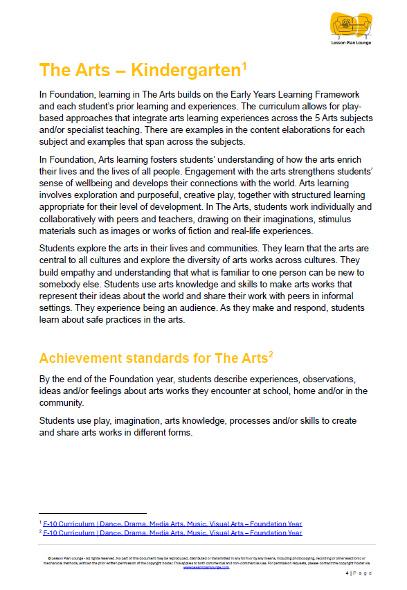Lesson Plan Lounge - Lesson Plans The Arts Curriculum – Music, Drama, Visual Arts, Dance and Media Arts – Foundation Year/ Kindergarten/ Prep Year