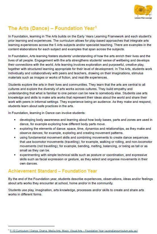 Lesson Plan Lounge - Lesson Plans The Arts Curriculum – Music, Drama, Visual Arts, Dance and Media Arts – Foundation Year/ Kindergarten/ Prep Year