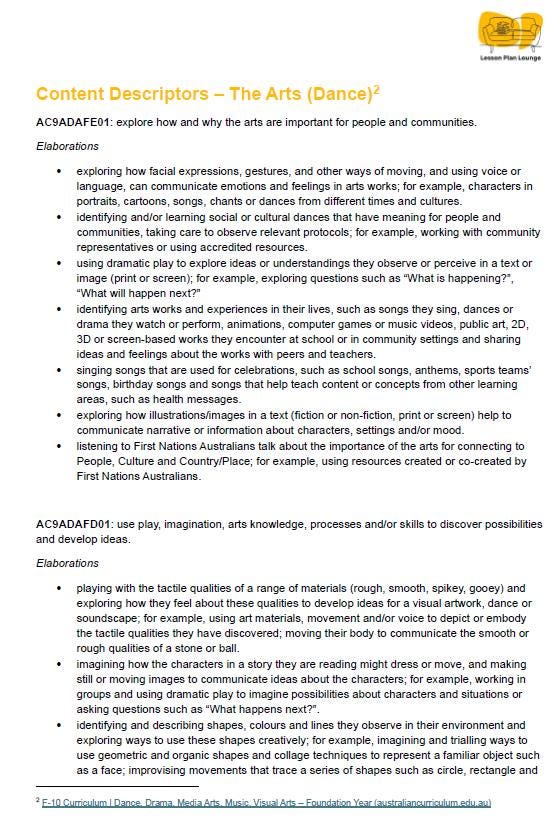 Lesson Plan Lounge - Lesson Plans The Arts Curriculum – Music, Drama, Visual Arts, Dance and Media Arts – Foundation Year/ Kindergarten/ Prep Year