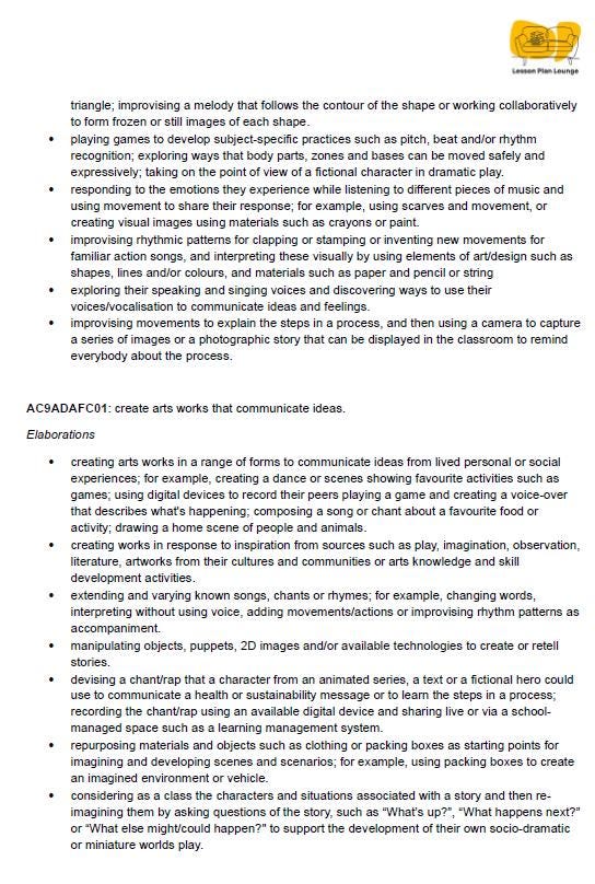 Lesson Plan Lounge - Lesson Plans The Arts Curriculum – Music, Drama, Visual Arts, Dance and Media Arts – Foundation Year/ Kindergarten/ Prep Year