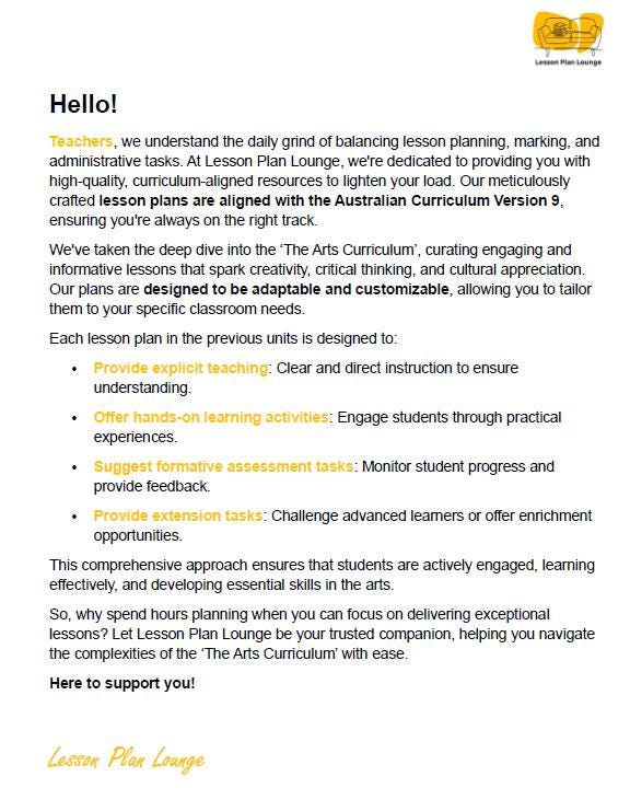 Lesson Plan Lounge - Lesson Plans The Arts Curriculum – Music, Drama, Visual Arts, Dance and Media Arts – Foundation Year/ Kindergarten/ Prep Year