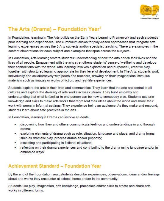 Lesson Plan Lounge - Lesson Plans The Arts Curriculum – Music, Drama, Visual Arts, Dance and Media Arts – Foundation Year/ Kindergarten/ Prep Year