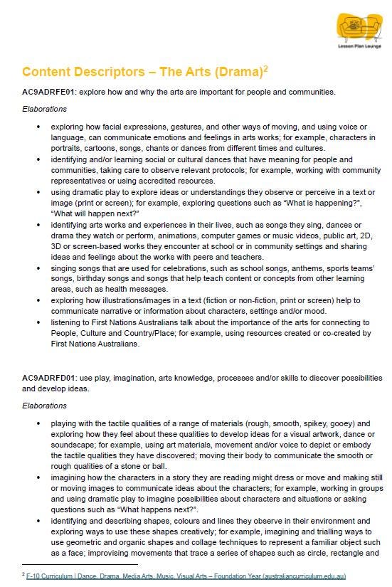 Lesson Plan Lounge - Lesson Plans The Arts Curriculum – Music, Drama, Visual Arts, Dance and Media Arts – Foundation Year/ Kindergarten/ Prep Year