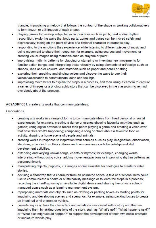 Lesson Plan Lounge - Lesson Plans The Arts Curriculum – Music, Drama, Visual Arts, Dance and Media Arts – Foundation Year/ Kindergarten/ Prep Year