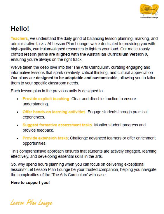 Lesson Plan Lounge - Lesson Plans The Arts Curriculum – Music, Drama, Visual Arts, Dance and Media Arts – Foundation Year/ Kindergarten/ Prep Year