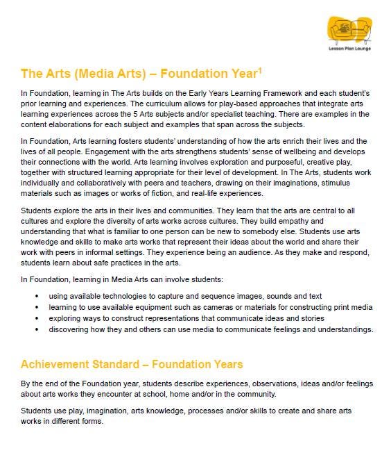 Lesson Plan Lounge - Lesson Plans The Arts Curriculum – Music, Drama, Visual Arts, Dance and Media Arts – Foundation Year/ Kindergarten/ Prep Year