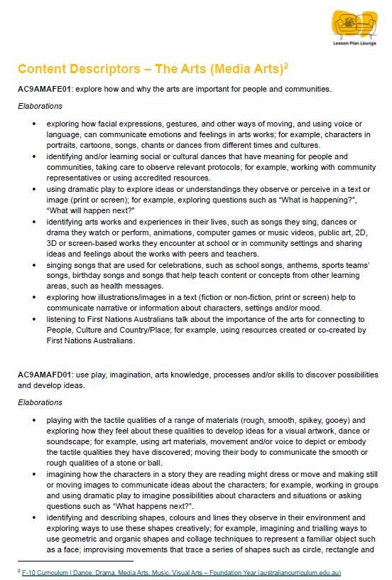 Lesson Plan Lounge - Lesson Plans The Arts Curriculum – Music, Drama, Visual Arts, Dance and Media Arts – Foundation Year/ Kindergarten/ Prep Year