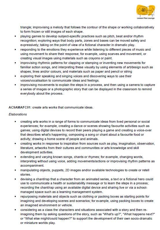 Lesson Plan Lounge - Lesson Plans The Arts Curriculum – Music, Drama, Visual Arts, Dance and Media Arts – Foundation Year/ Kindergarten/ Prep Year