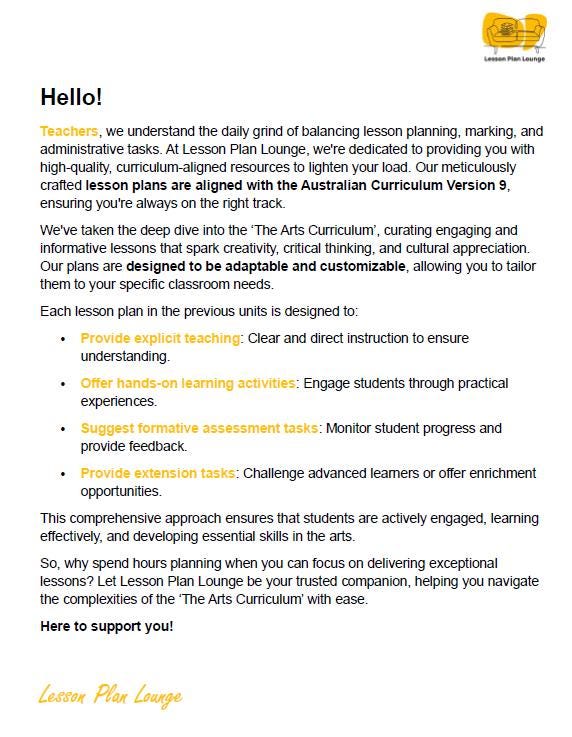 Lesson Plan Lounge - Lesson Plans The Arts Curriculum – Music, Drama, Visual Arts, Dance and Media Arts – Foundation Year/ Kindergarten/ Prep Year