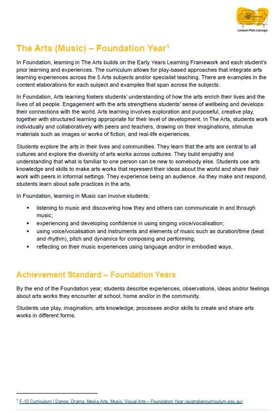 Lesson Plan Lounge - Lesson Plans The Arts Curriculum – Music, Drama, Visual Arts, Dance and Media Arts – Foundation Year/ Kindergarten/ Prep Year