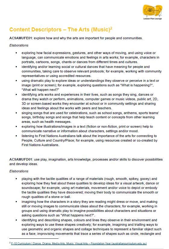 Lesson Plan Lounge - Lesson Plans The Arts Curriculum – Music, Drama, Visual Arts, Dance and Media Arts – Foundation Year/ Kindergarten/ Prep Year