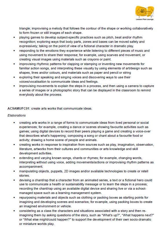 Lesson Plan Lounge - Lesson Plans The Arts Curriculum – Music, Drama, Visual Arts, Dance and Media Arts – Foundation Year/ Kindergarten/ Prep Year