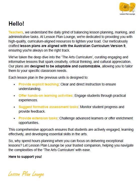 Lesson Plan Lounge - Lesson Plans The Arts Curriculum – Music, Drama, Visual Arts, Dance and Media Arts – Foundation Year/ Kindergarten/ Prep Year
