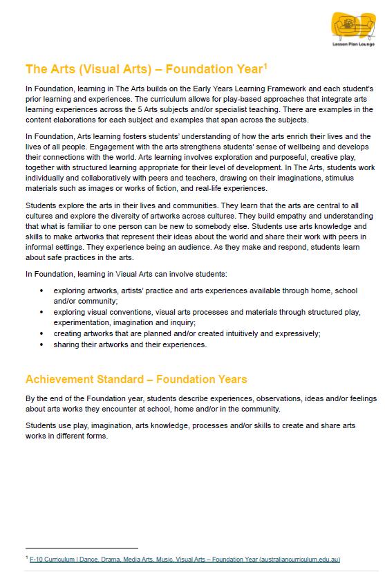Lesson Plan Lounge - Lesson Plans The Arts Curriculum – Music, Drama, Visual Arts, Dance and Media Arts – Foundation Year/ Kindergarten/ Prep Year
