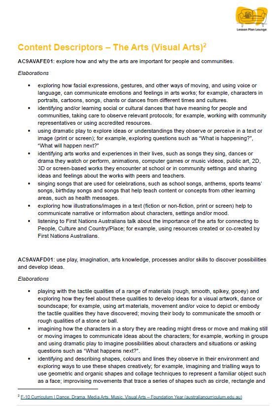 Lesson Plan Lounge - Lesson Plans The Arts Curriculum – Music, Drama, Visual Arts, Dance and Media Arts – Foundation Year/ Kindergarten/ Prep Year