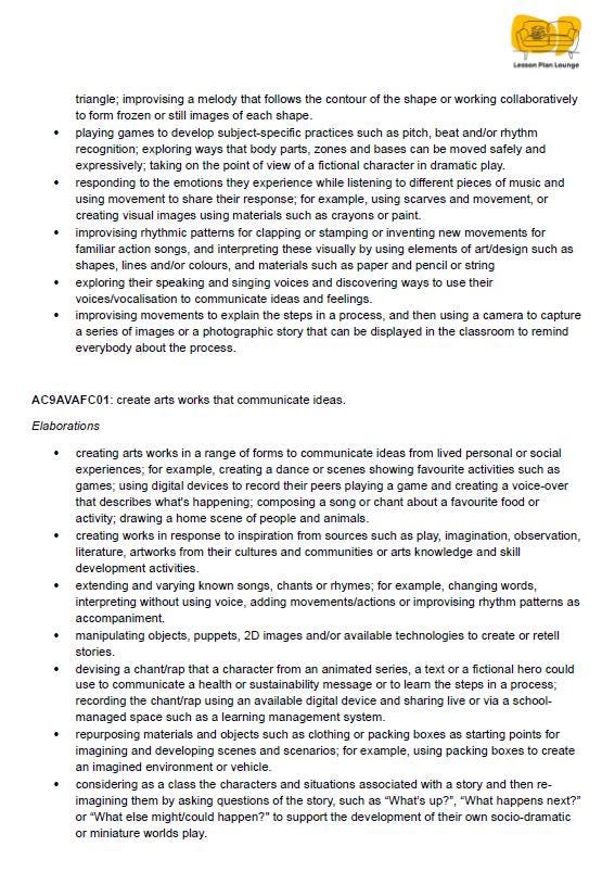 Lesson Plan Lounge - Lesson Plans The Arts Curriculum – Music, Drama, Visual Arts, Dance and Media Arts – Foundation Year/ Kindergarten/ Prep Year