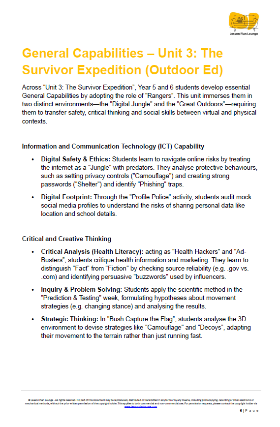 A 9-week gamified V9.0 Health & PE unit that bridges the "Digital Jungle" of online safety with the "Great Outdoors" through immersive Ranger-themed missions.