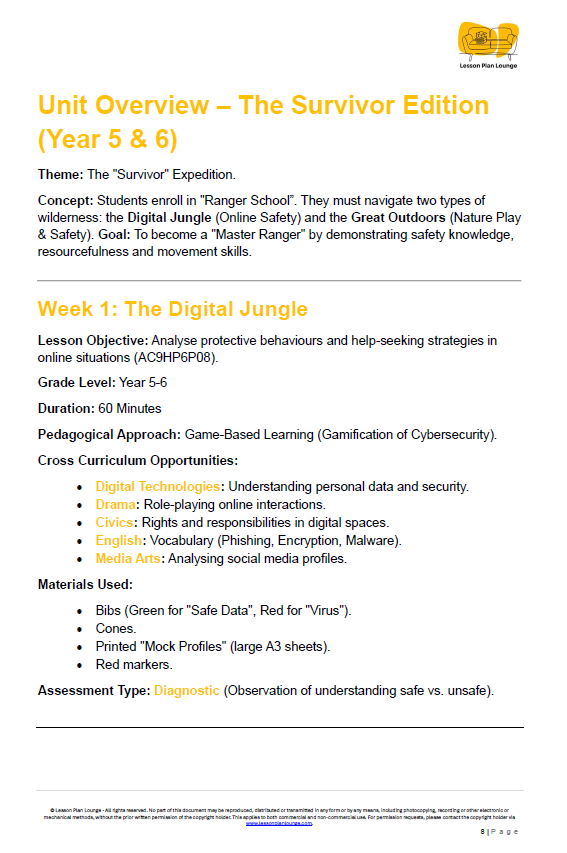 A 9-week gamified V9.0 Health & PE unit that bridges the "Digital Jungle" of online safety with the "Great Outdoors" through immersive Ranger-themed missions.