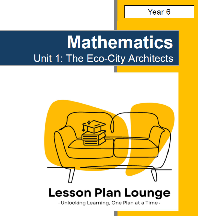 Lesson Plan Unit cover of 'Mathematics Unit 1: The Eco-City Architects' by Lesson Plan Lounge with a yellow couch illustration.